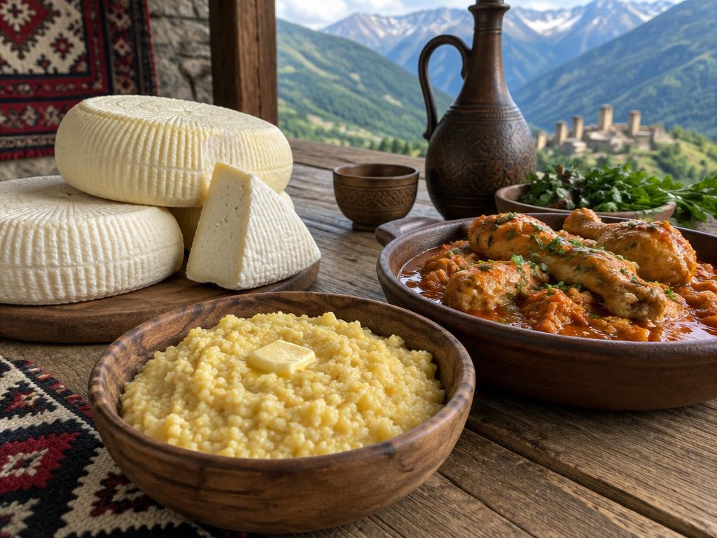 Адыгейский сыр, мамалыга (паста) и курица в соусе