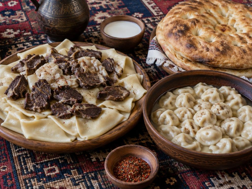 Хинкал с вяленым мясом, курзе и лепёшка