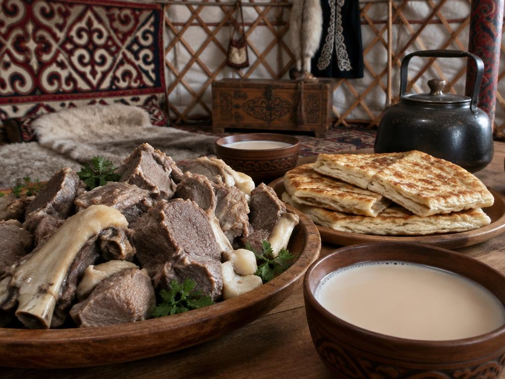 Варёная баранина, лепёшки и молочный чай