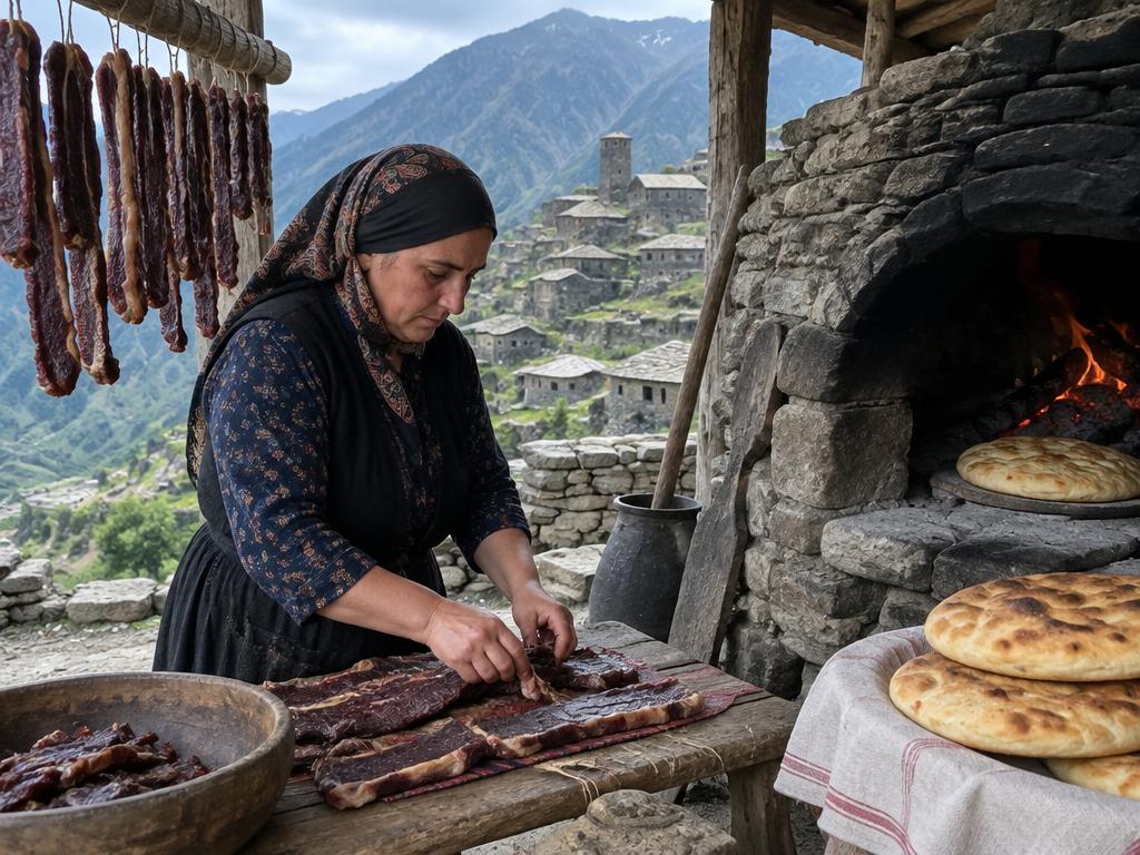 Вяление мяса и выпечка хлеба в каменной печи